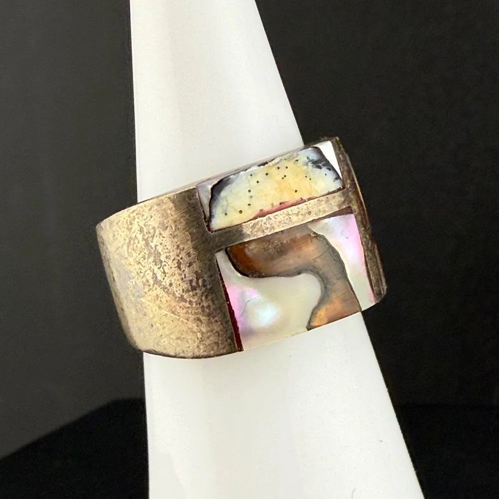 Vintage Sterling Silver Abalone Inlay Wide Cigar Band Ring Chunky Size 11